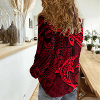 Polynesian Dolphin Valentine Day Women Casual Shirt Hibiscus and Tribal Tattoo Red Style LT03 - Polynesian Pride