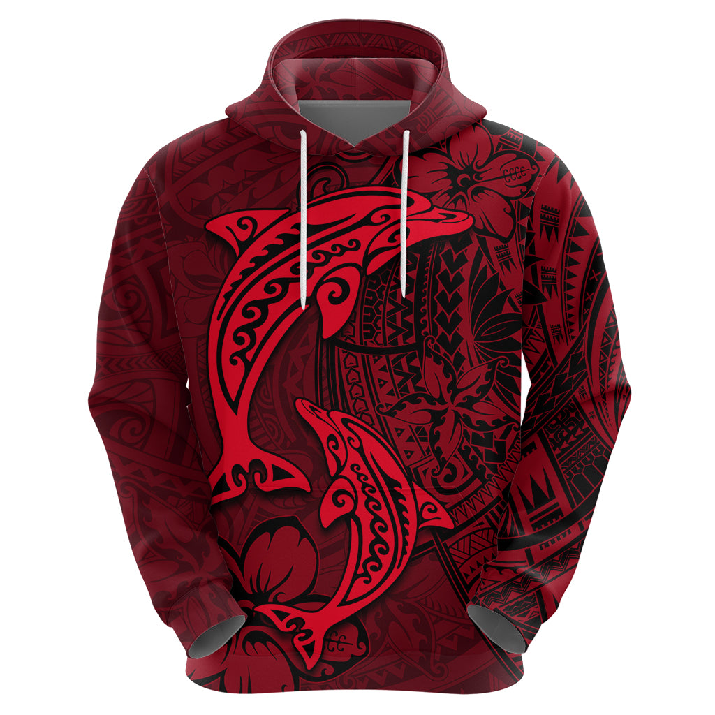 Polynesian Dolphin Valentine Day Zip Hoodie Hibiscus and Tribal Tattoo Red Style LT03 - Polynesian Pride