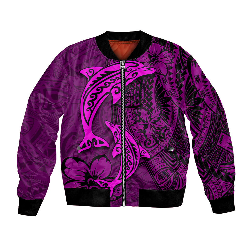 Polynesian Dolphin Valentine Day Bomber Jacket Hibiscus and Tribal Tattoo Pink Style LT03 Unisex Pink - Polynesian Pride