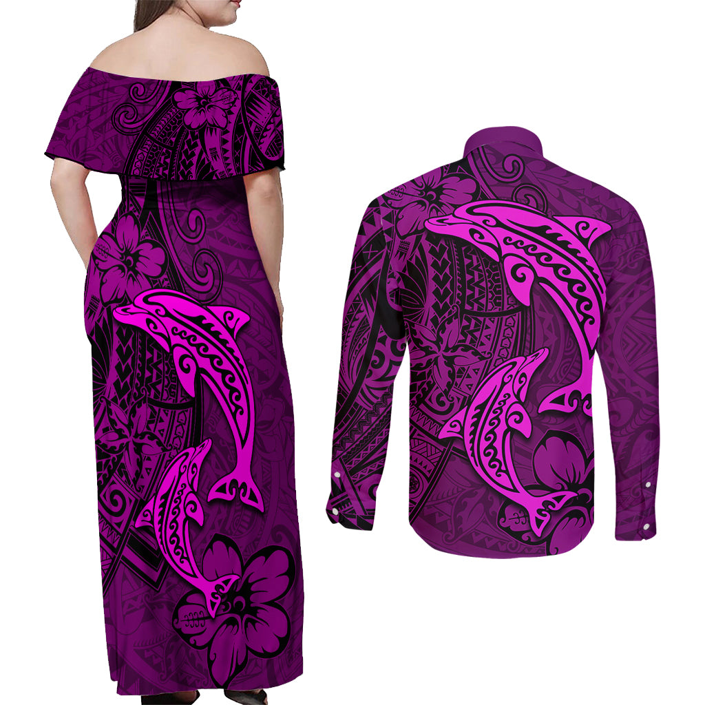 Polynesian Dolphin Valentine Day Couples Matching Off Shoulder Maxi Dress and Long Sleeve Button Shirt Hibiscus and Tribal Tattoo Pink Style LT03 - Polynesian Pride