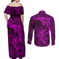 Polynesian Dolphin Valentine Day Couples Matching Off Shoulder Maxi Dress and Long Sleeve Button Shirt Hibiscus and Tribal Tattoo Pink Style LT03 - Polynesian Pride