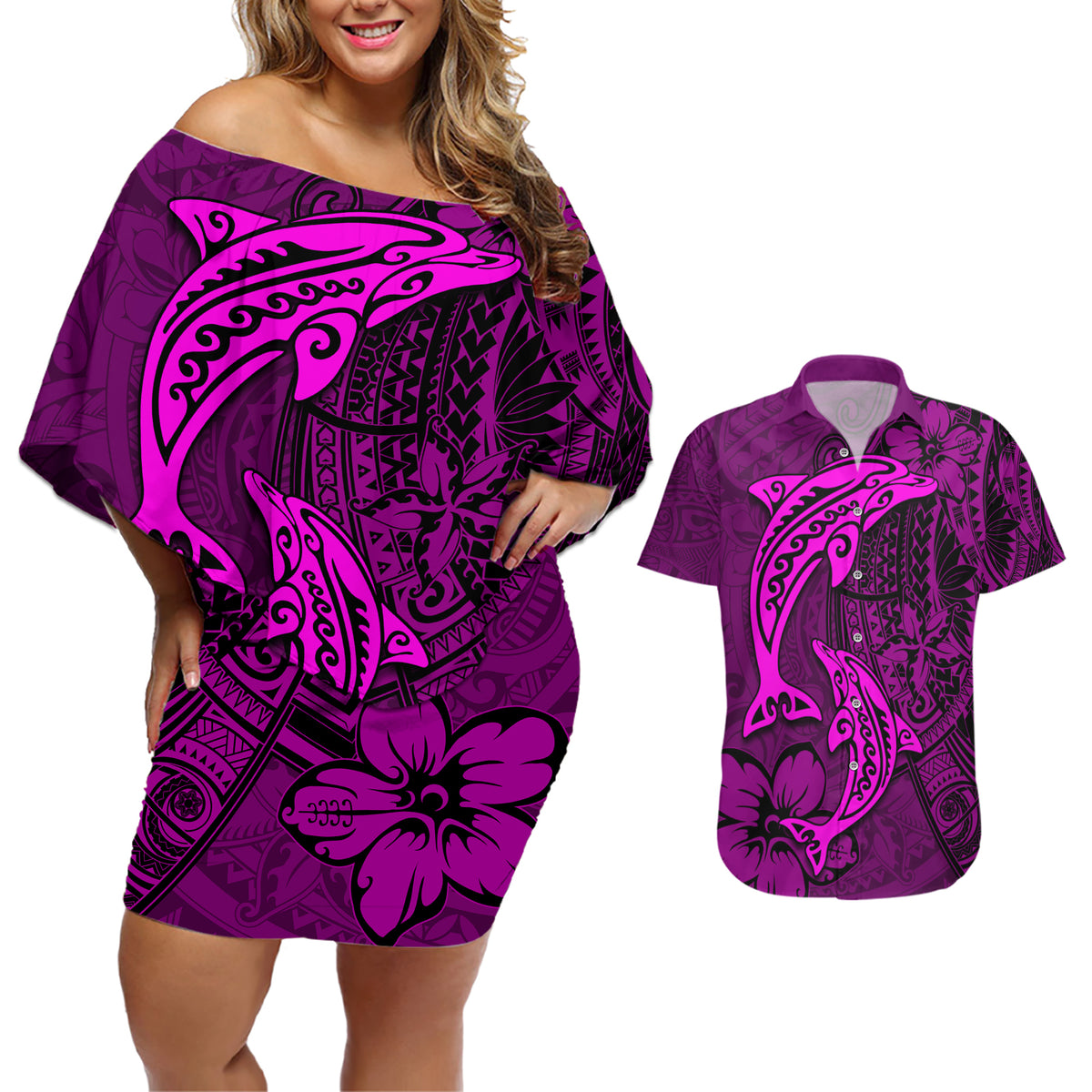 Polynesian Dolphin Valentine Day Couples Matching Off Shoulder Short Dress and Hawaiian Shirt Hibiscus and Tribal Tattoo Pink Style LT03 Pink - Polynesian Pride