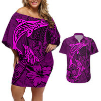 Polynesian Dolphin Valentine Day Couples Matching Off Shoulder Short Dress and Hawaiian Shirt Hibiscus and Tribal Tattoo Pink Style LT03 Pink - Polynesian Pride