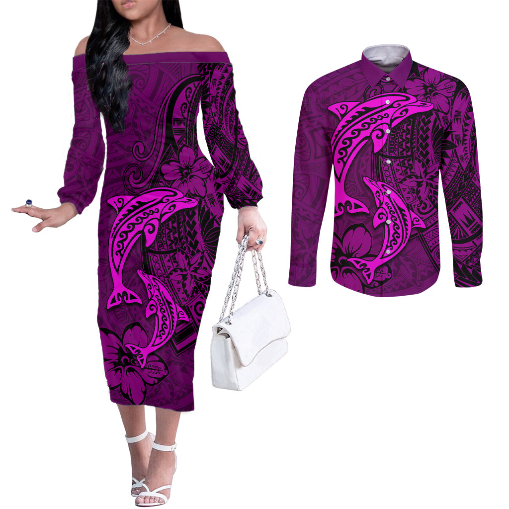 Polynesian Dolphin Valentine Day Couples Matching Off The Shoulder Long Sleeve Dress and Long Sleeve Button Shirt Hibiscus and Tribal Tattoo Pink Style LT03 Pink - Polynesian Pride