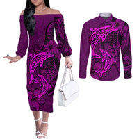 Polynesian Dolphin Valentine Day Couples Matching Off The Shoulder Long Sleeve Dress and Long Sleeve Button Shirt Hibiscus and Tribal Tattoo Pink Style LT03 Pink - Polynesian Pride