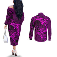 Polynesian Dolphin Valentine Day Couples Matching Off The Shoulder Long Sleeve Dress and Long Sleeve Button Shirt Hibiscus and Tribal Tattoo Pink Style LT03 - Polynesian Pride