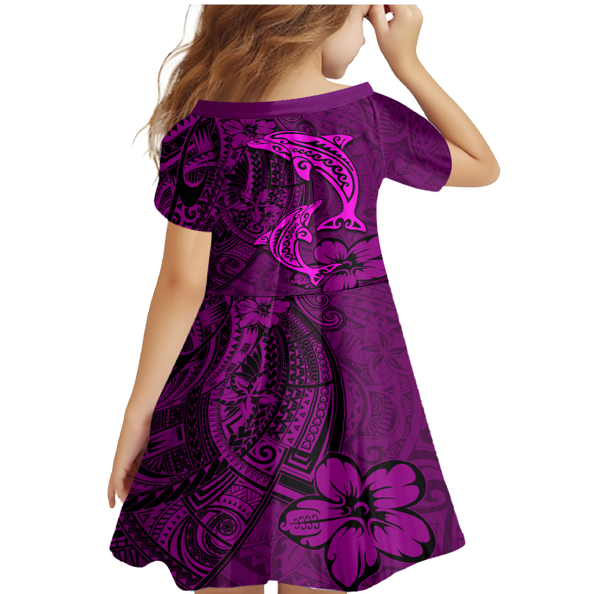 Polynesian Dolphin Valentine Day Family Matching Mermaid Dress and Hawaiian Shirt Hibiscus and Tribal Tattoo Pink Style LT03 - Polynesian Pride