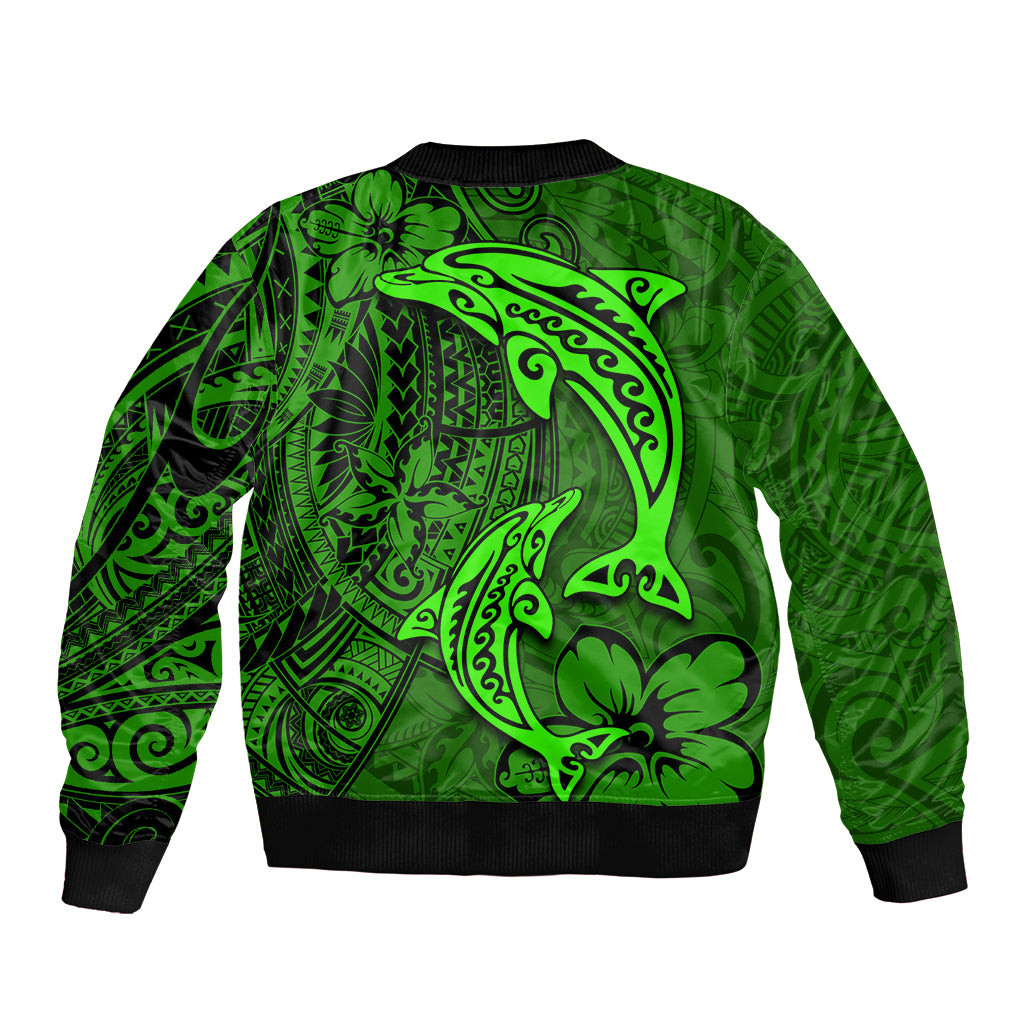 Polynesian Dolphin Valentine Day Bomber Jacket Hibiscus and Tribal Tattoo Green Style LT03 - Polynesian Pride