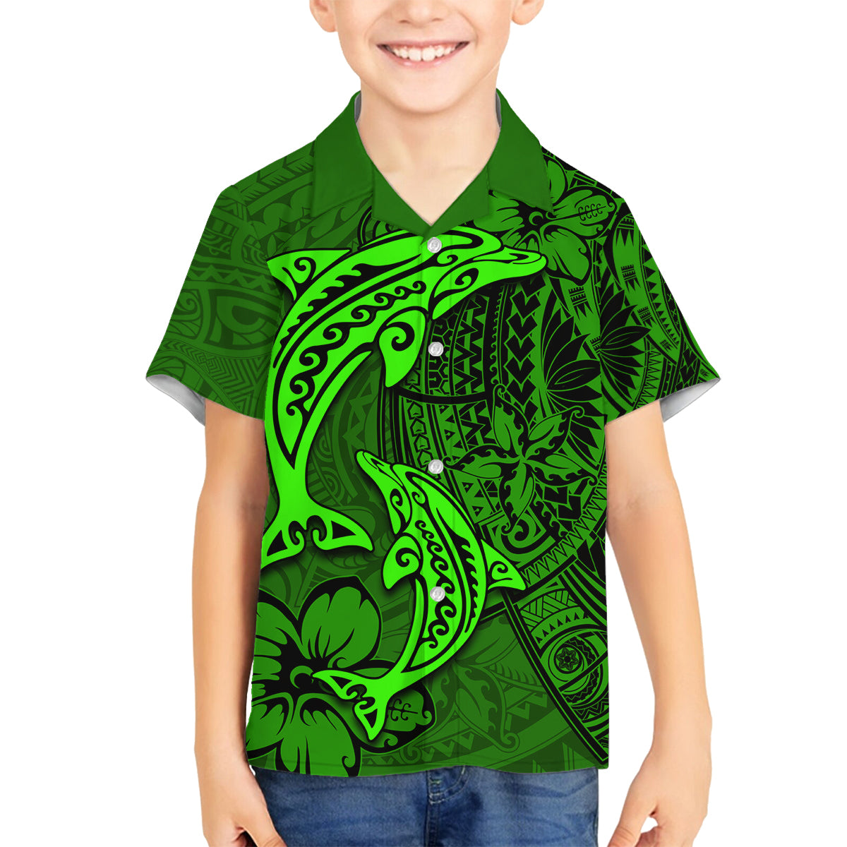 Polynesian Dolphin Valentine Day Family Matching Long Sleeve Bodycon Dress and Hawaiian Shirt Hibiscus and Tribal Tattoo Green Style LT03 Son's Shirt Green - Polynesian Pride