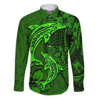 Polynesian Dolphin Valentine Day Family Matching Mermaid Dress and Hawaiian Shirt Hibiscus and Tribal Tattoo Green Style LT03 Dad's Shirt - Long Sleeve Green - Polynesian Pride