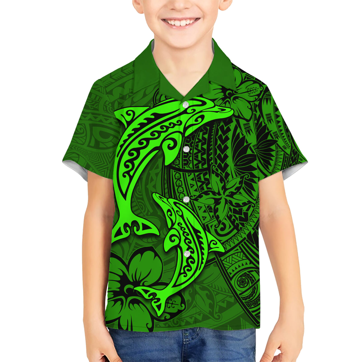 Polynesian Dolphin Valentine Day Kid Hawaiian Shirt Hibiscus and Tribal Tattoo Green Style LT03 Kid Green - Polynesian Pride