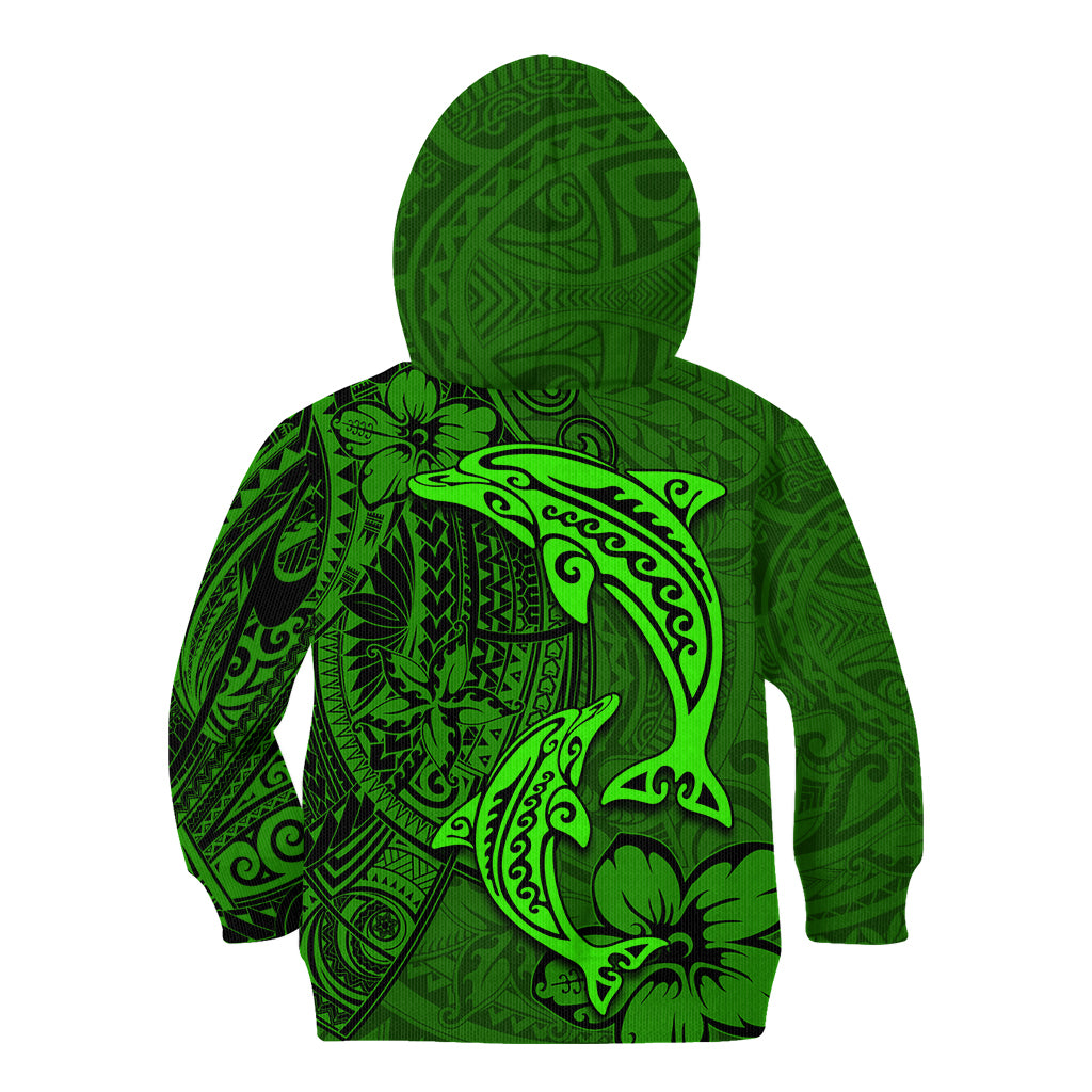 Polynesian Dolphin Valentine Day Kid Hoodie Hibiscus and Tribal Tattoo Green Style LT03 - Polynesian Pride