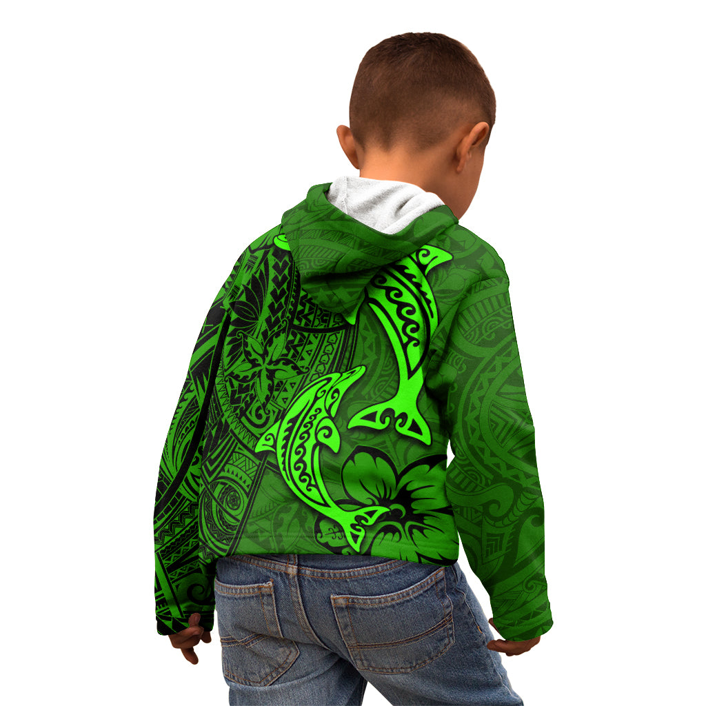 Polynesian Dolphin Valentine Day Kid Hoodie Hibiscus and Tribal Tattoo Green Style LT03 - Polynesian Pride
