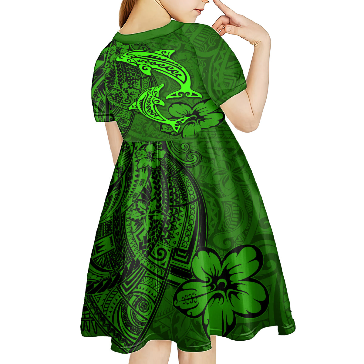 Polynesian Dolphin Valentine Day Kid Short Sleeve Dress Hibiscus and Tribal Tattoo Green Style LT03 - Polynesian Pride