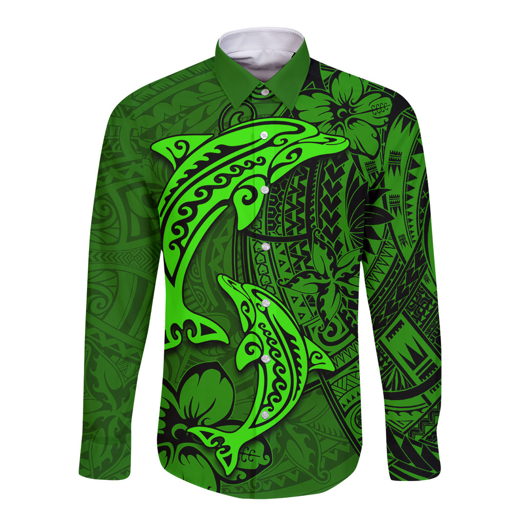 Polynesian Dolphin Valentine Day Long Sleeve Button Shirt Hibiscus and Tribal Tattoo Green Style LT03 Unisex Green - Polynesian Pride