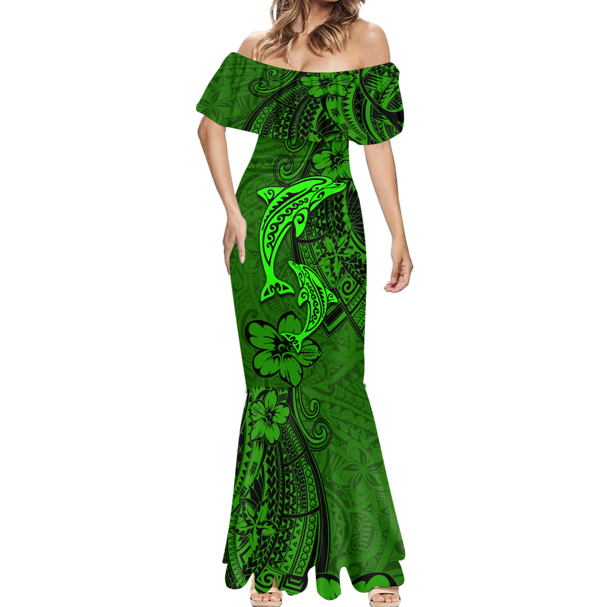 Polynesian Dolphin Valentine Day Mermaid Dress Hibiscus and Tribal Tattoo Green Style LT03 - Polynesian Pride