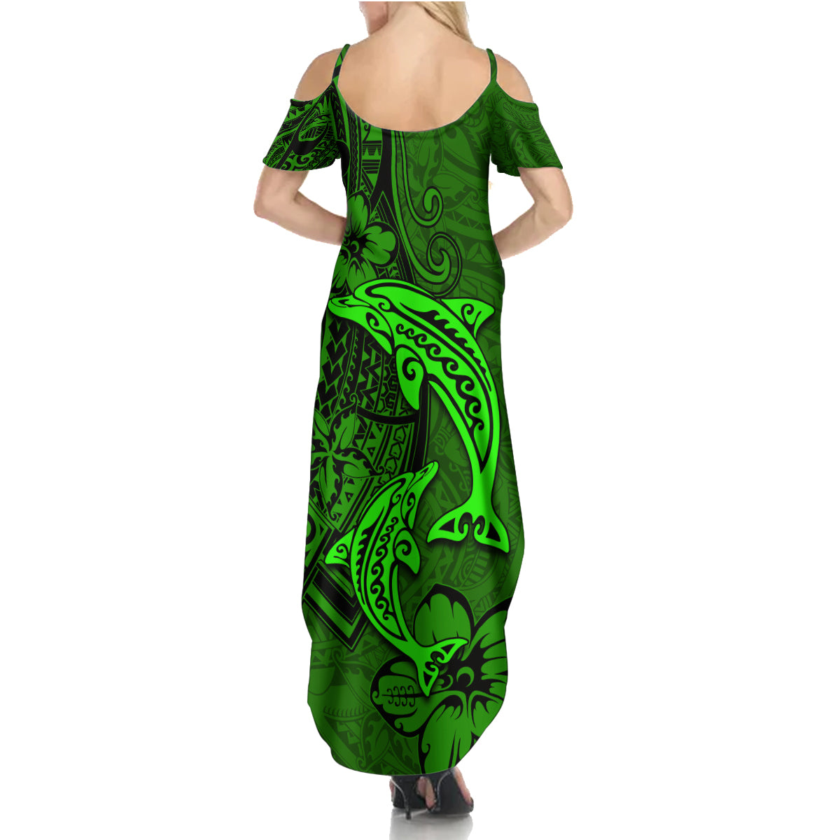 Polynesian Dolphin Valentine Day Summer Maxi Dress Hibiscus and Tribal Tattoo Green Style LT03 - Polynesian Pride