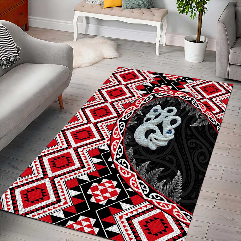 Red Taniko Motif Aotearoa Manaia and Silver Fern Area Rug