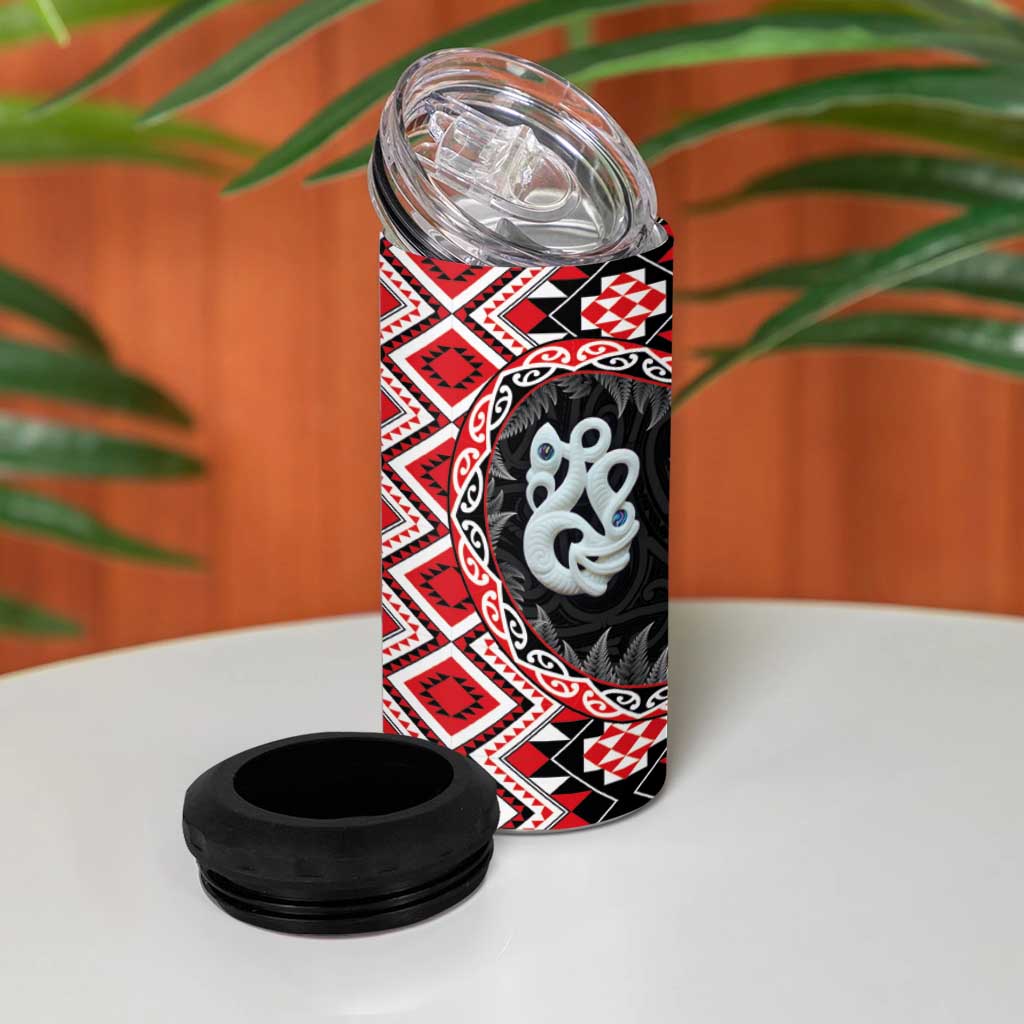 Red Taniko Motif Aotearoa Manaia and Silver Fern 4 in 1 Can Cooler Tumbler