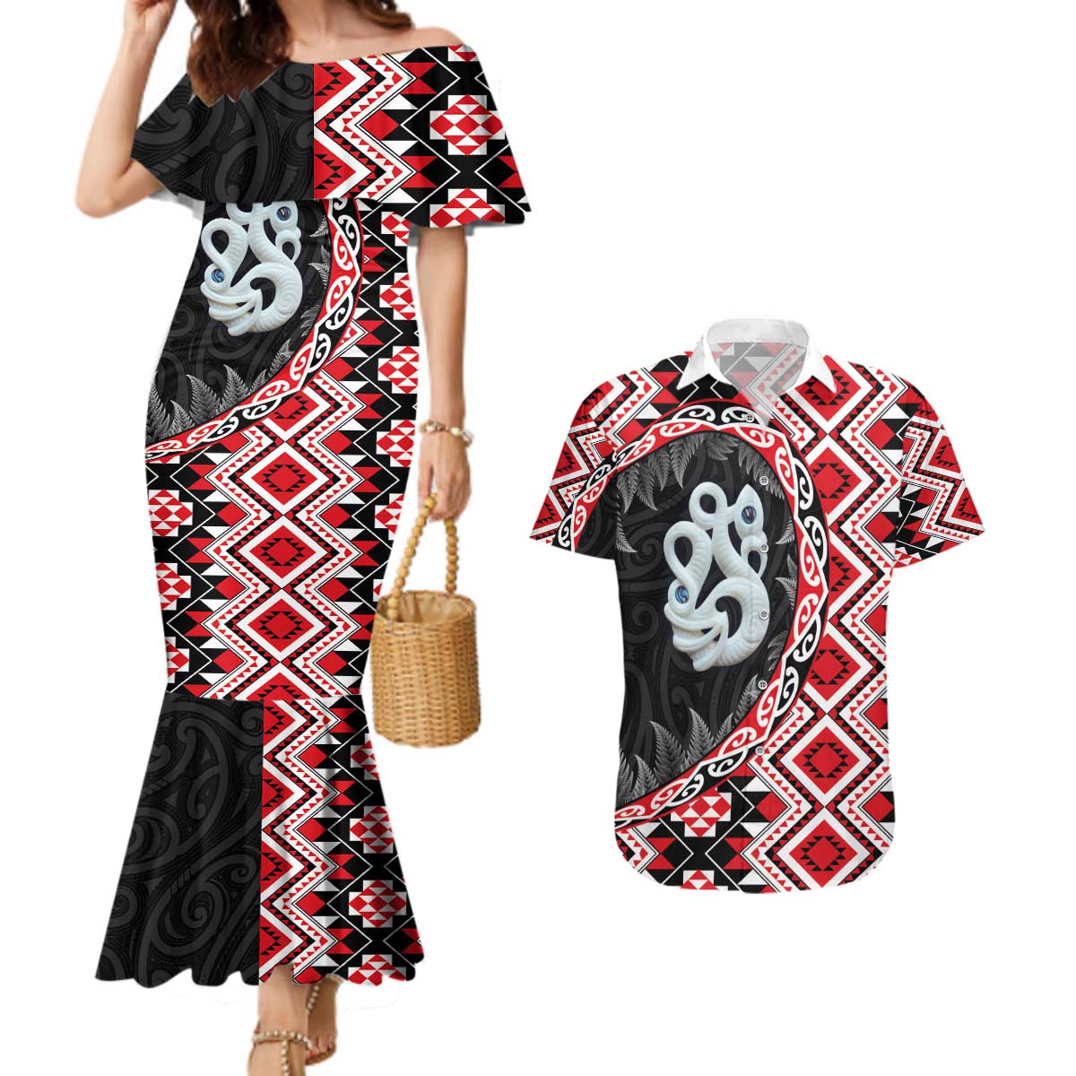 Red Taniko Motif Aotearoa Manaia and Silver Fern Couples Matching Mermaid Dress and Hawaiian Shirt