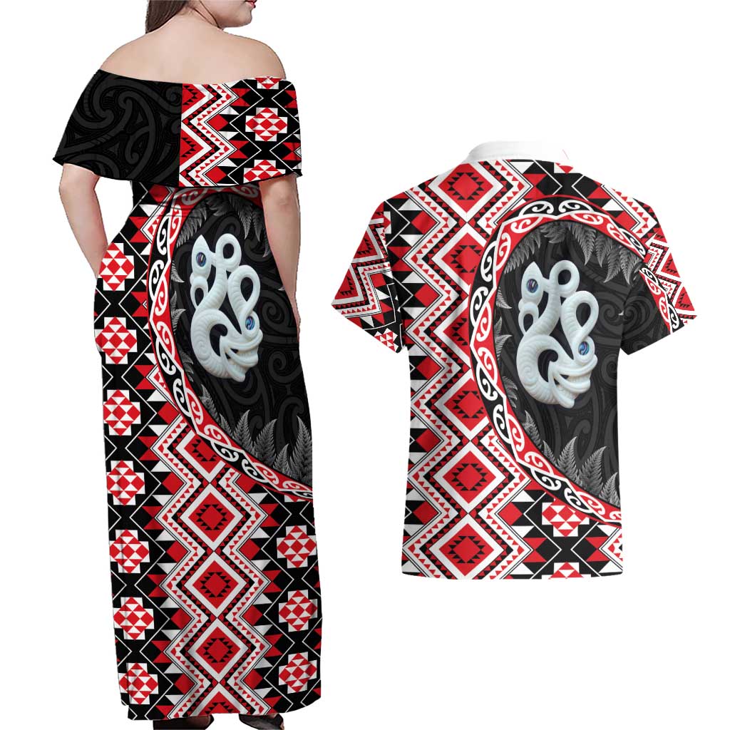 Red Taniko Motif Aotearoa Manaia and Silver Fern Couples Matching Off Shoulder Maxi Dress and Hawaiian Shirt