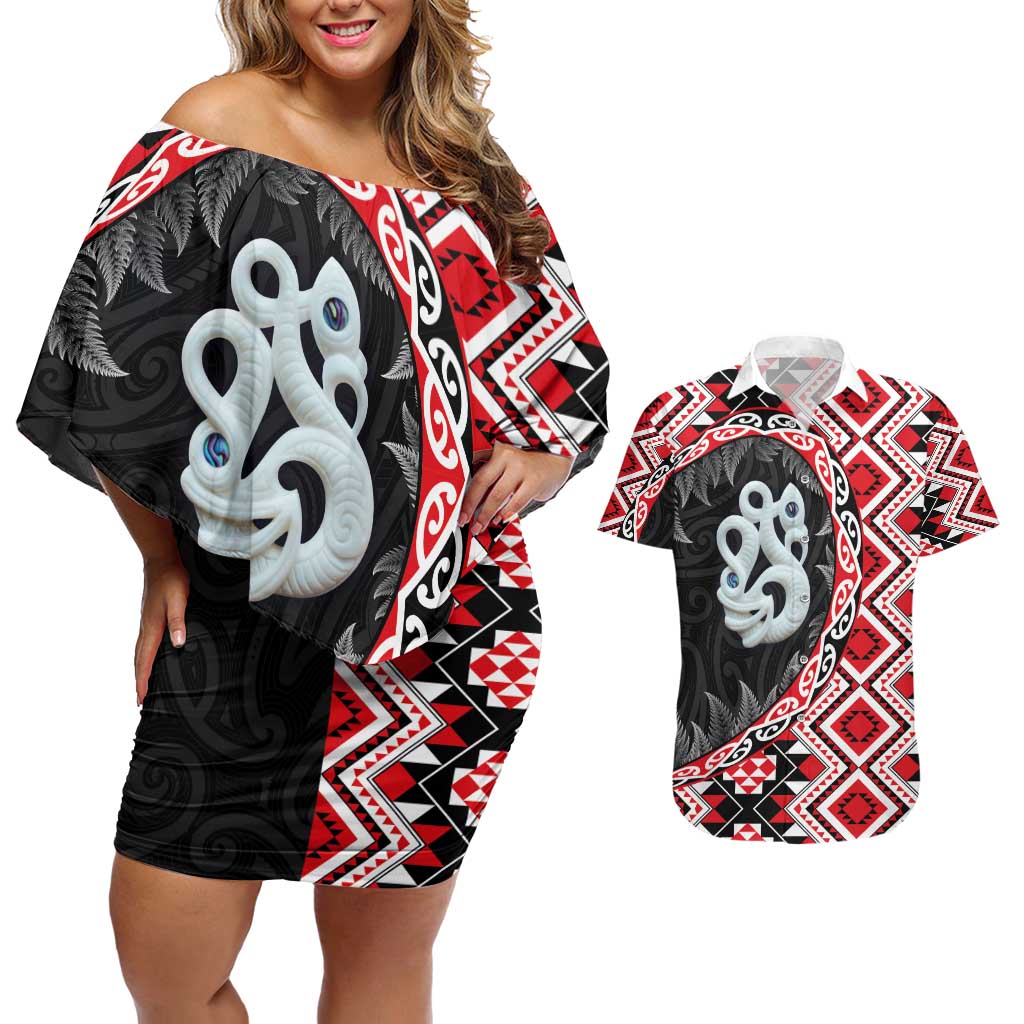 Red Taniko Motif Aotearoa Manaia and Silver Fern Couples Matching Off Shoulder Short Dress and Hawaiian Shirt