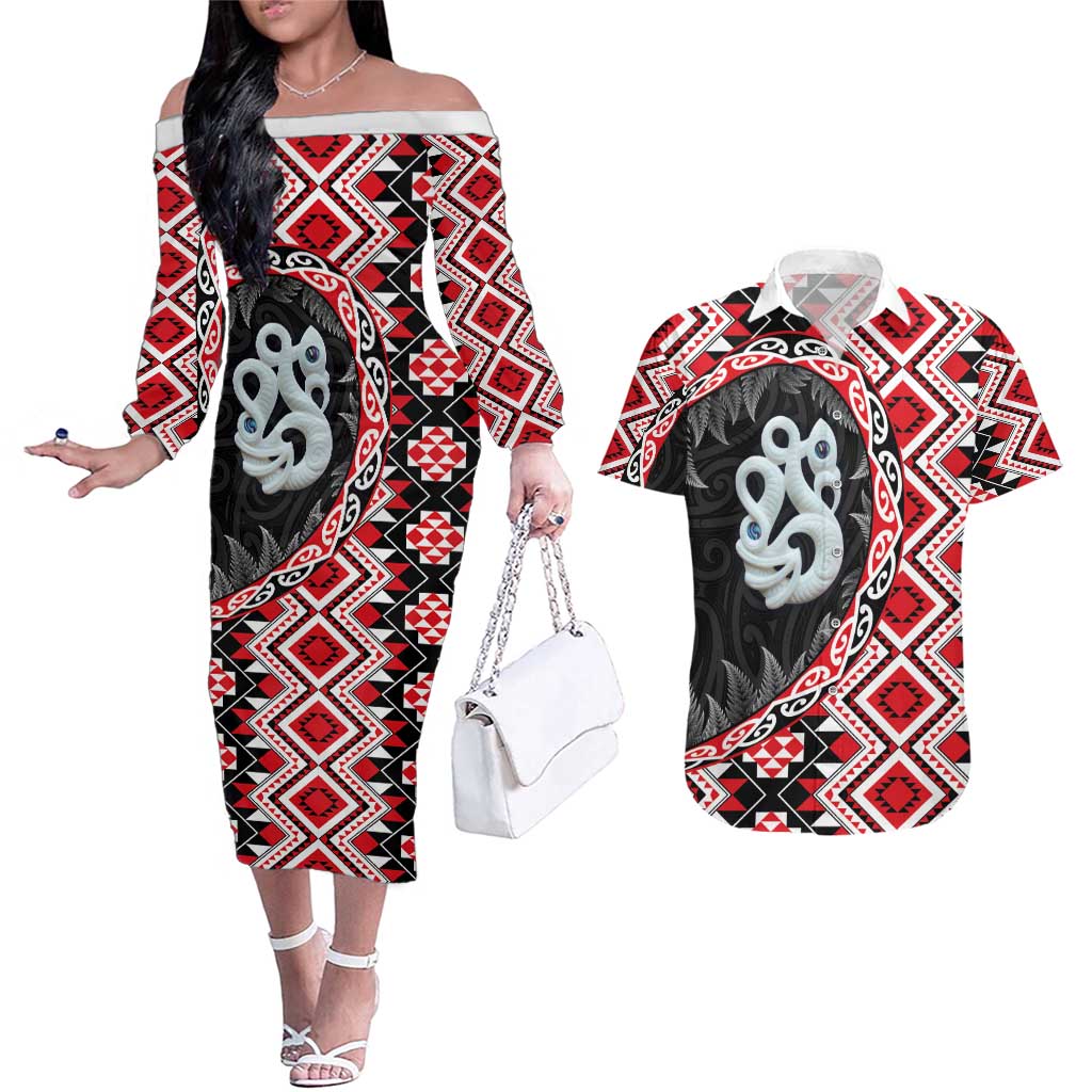 Red Taniko Motif Aotearoa Manaia and Silver Fern Couples Matching Off The Shoulder Long Sleeve Dress and Hawaiian Shirt