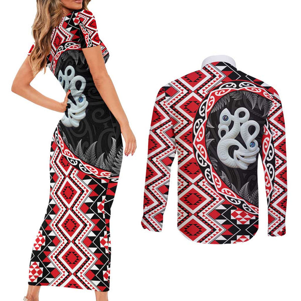 New Zealand Couples Matching Puletasi Dress and Long Sleeve Button Shirts Aotearoa Manaia Maori Fern Tattoo Arty LT9