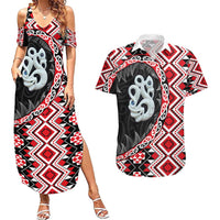 Red Taniko Motif Aotearoa Manaia and Silver Fern Couples Matching Summer Maxi Dress and Hawaiian Shirt