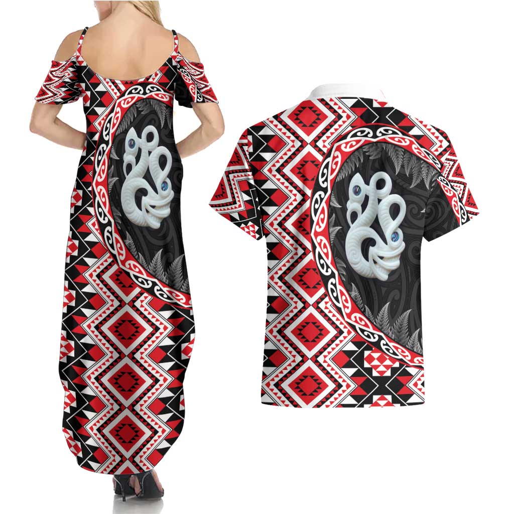 Red Taniko Motif Aotearoa Manaia and Silver Fern Couples Matching Summer Maxi Dress and Hawaiian Shirt