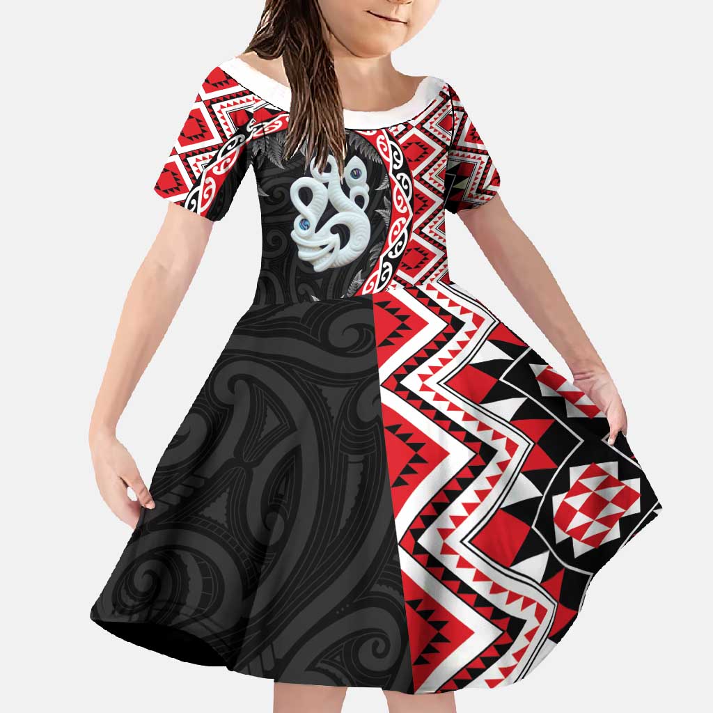 Red Taniko Motif Aotearoa Manaia and Silver Fern Family Matching Mermaid Dress and Hawaiian Shirt