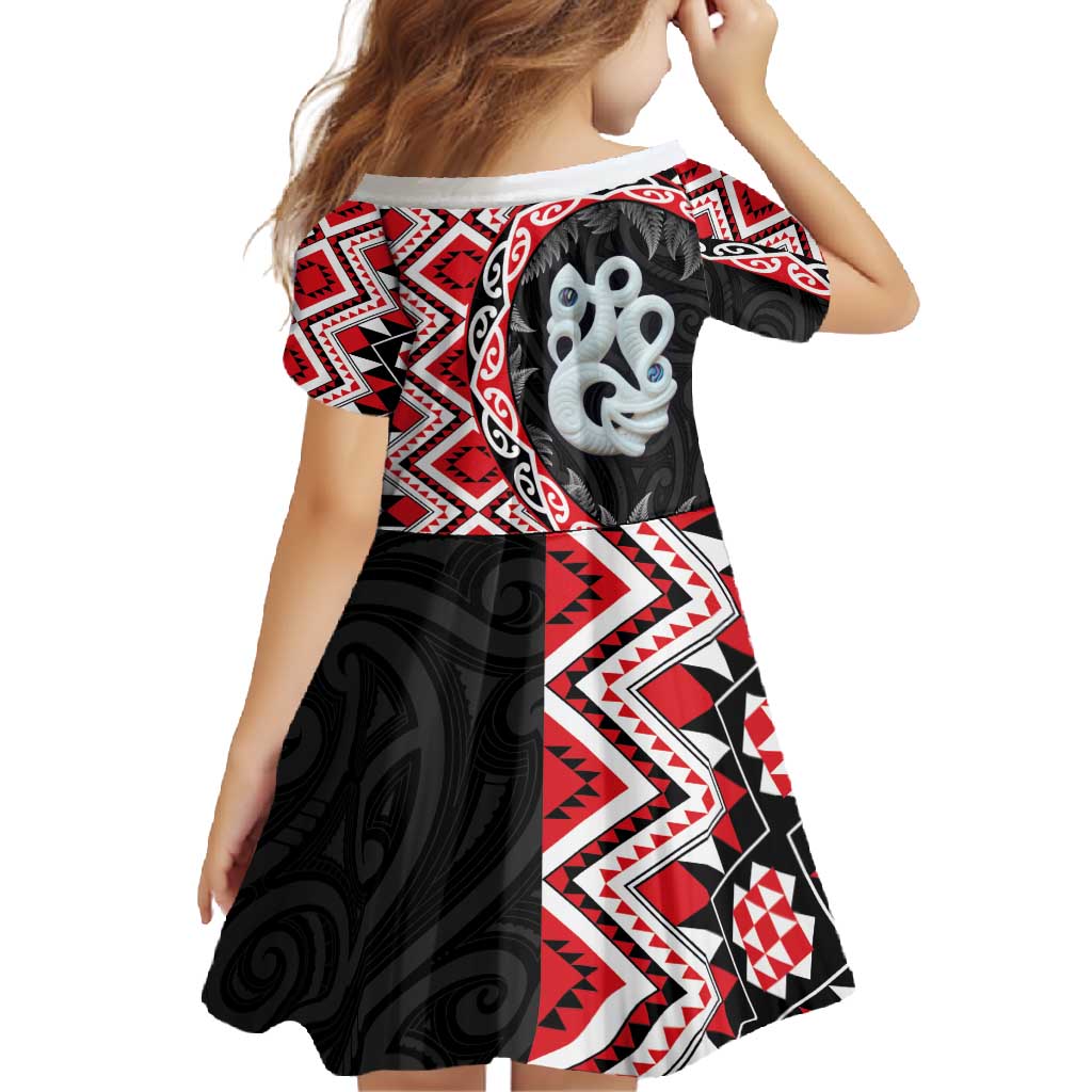Red Taniko Motif Aotearoa Manaia and Silver Fern Family Matching Mermaid Dress and Hawaiian Shirt