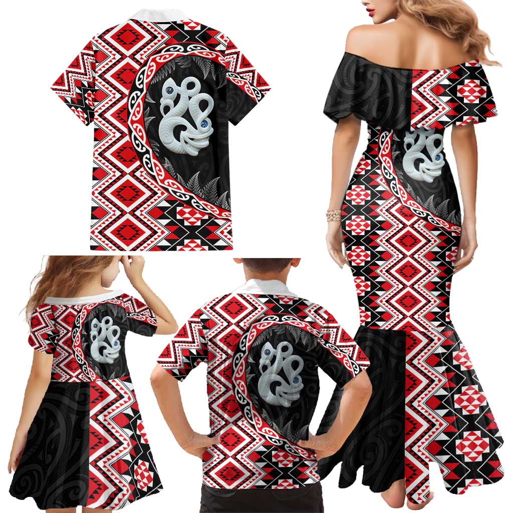 Red Taniko Motif Aotearoa Manaia and Silver Fern Family Matching Mermaid Dress and Hawaiian Shirt