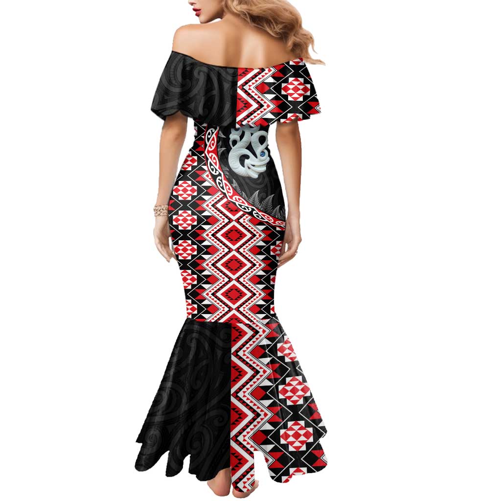 Red Taniko Motif Aotearoa Manaia and Silver Fern Family Matching Mermaid Dress and Hawaiian Shirt