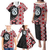 Red Taniko Motif Aotearoa Manaia and Silver Fern Family Matching Puletasi and Hawaiian Shirt