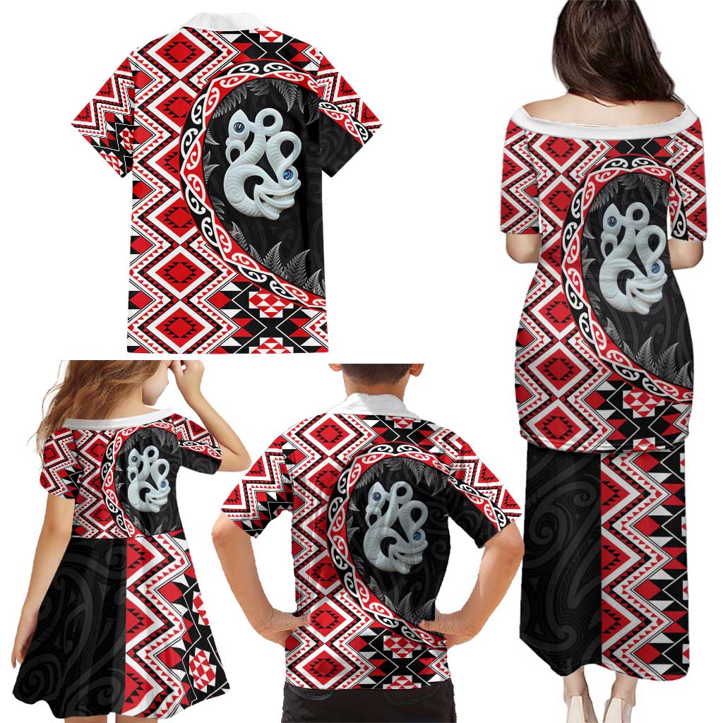 Red Taniko Motif Aotearoa Manaia and Silver Fern Family Matching Puletasi and Hawaiian Shirt