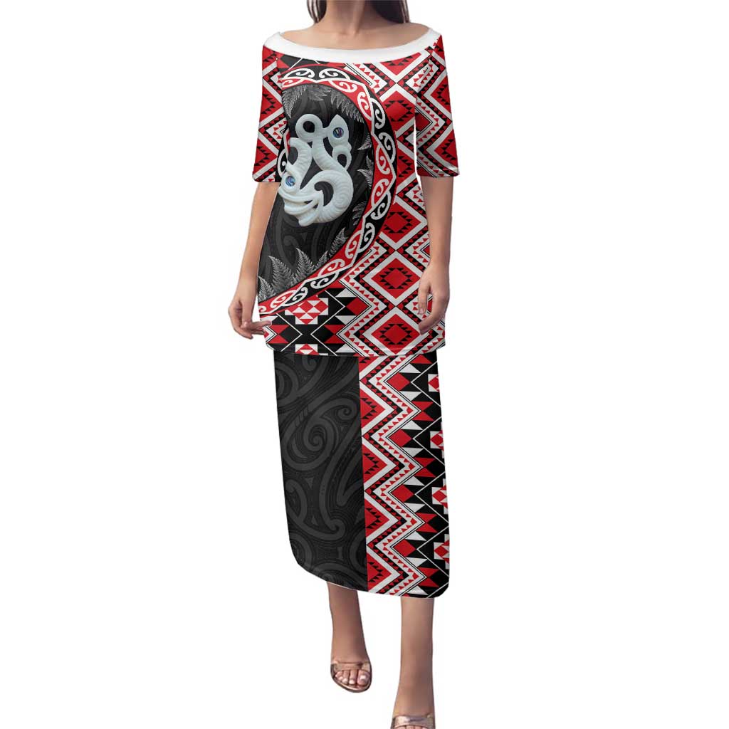 Red Taniko Motif Aotearoa Manaia and Silver Fern Family Matching Puletasi and Hawaiian Shirt