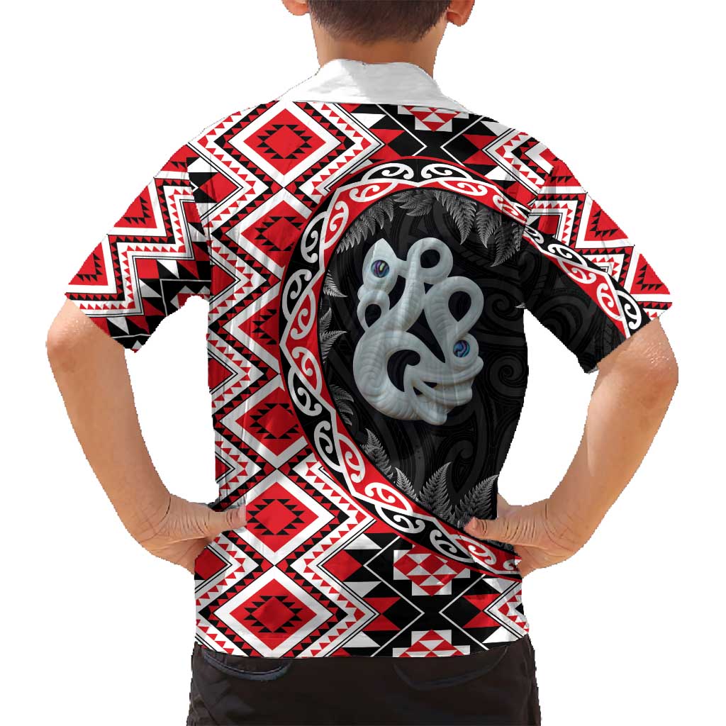Red Taniko Motif Aotearoa Manaia and Silver Fern Family Matching Tank Maxi Dress and Hawaiian Shirt LT03 - Polynesian Pride