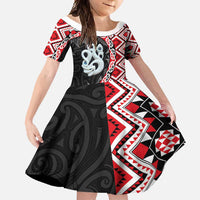 Red Taniko Motif Aotearoa Manaia and Silver Fern Family Matching Tank Maxi Dress and Hawaiian Shirt LT03 Daughter's Dress Red - Polynesian Pride