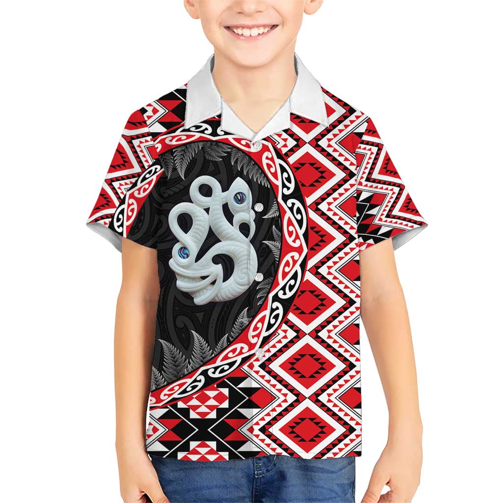 Red Taniko Motif Aotearoa Manaia and Silver Fern Kid Hawaiian Shirt LT03 Kid Red - Polynesian Pride