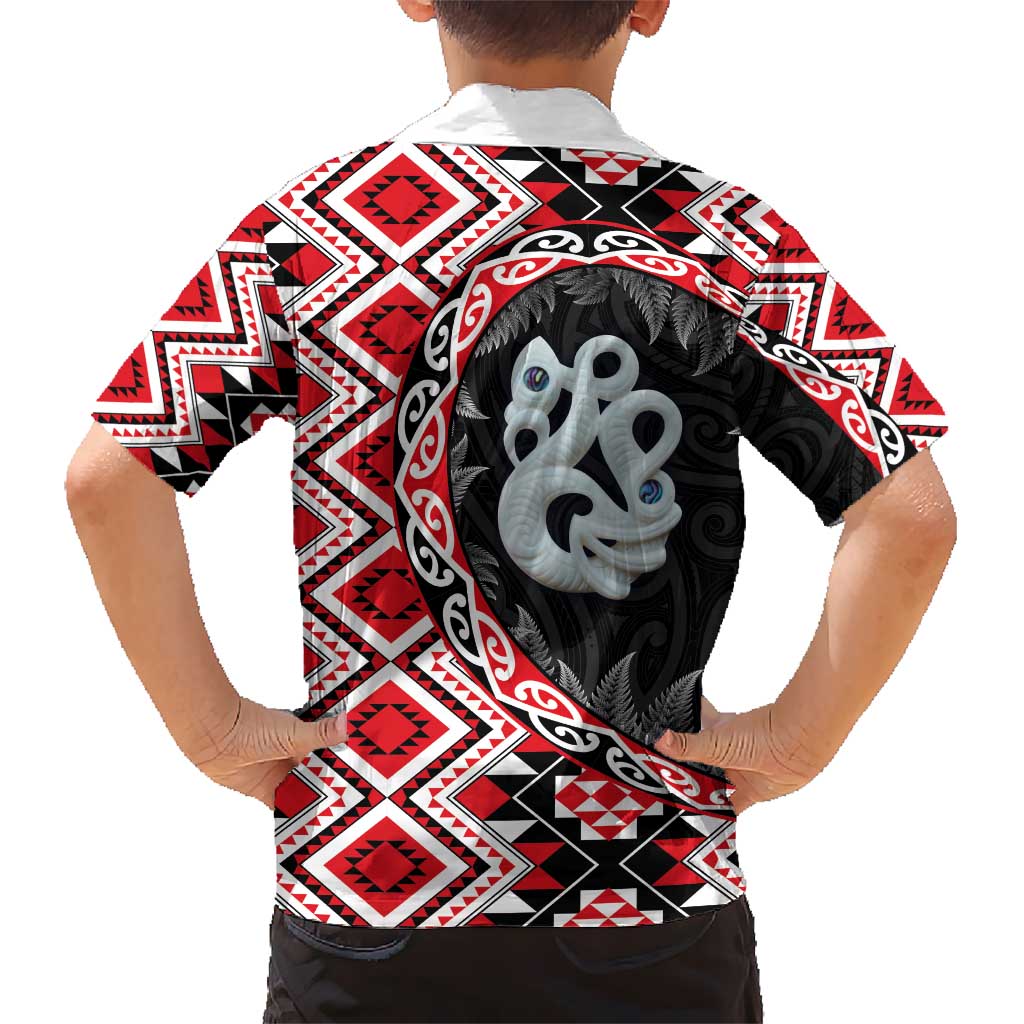 Red Taniko Motif Aotearoa Manaia and Silver Fern Kid Hawaiian Shirt
