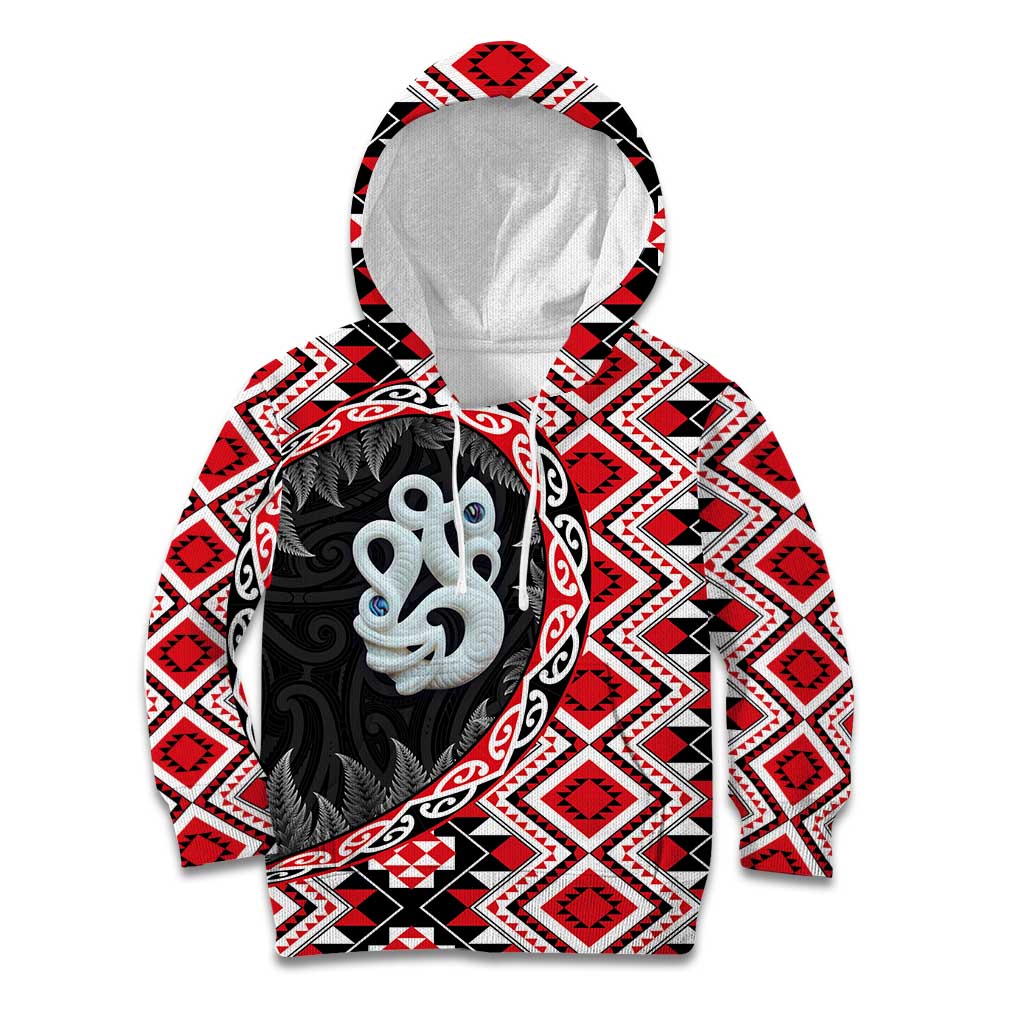 Red Taniko Motif Aotearoa Manaia and Silver Fern Kid Hoodie