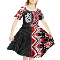 Red Taniko Motif Aotearoa Manaia and Silver Fern Kid Short Sleeve Dress