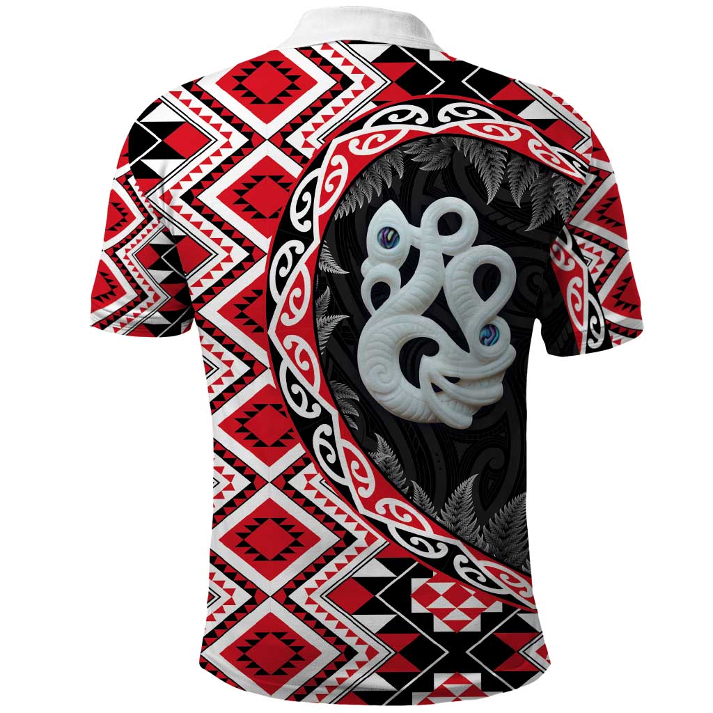 Red Taniko Motif Aotearoa Manaia and Silver Fern Polo Shirt