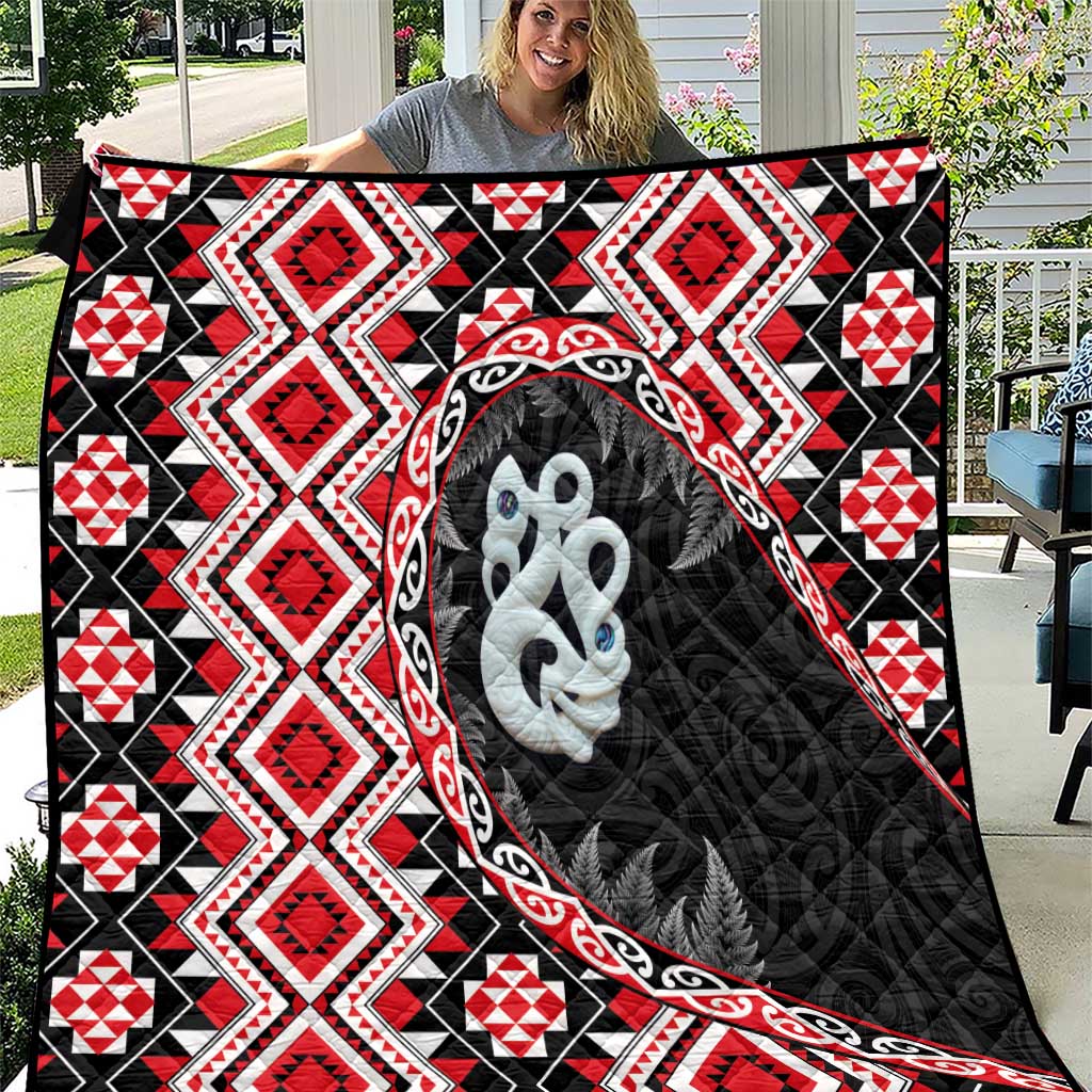 Red Taniko Motif Aotearoa Manaia and Silver Fern Quilt LT03 Red - Polynesian Pride