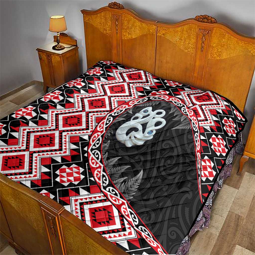 Red Taniko Motif Aotearoa Manaia and Silver Fern Quilt LT03 - Polynesian Pride