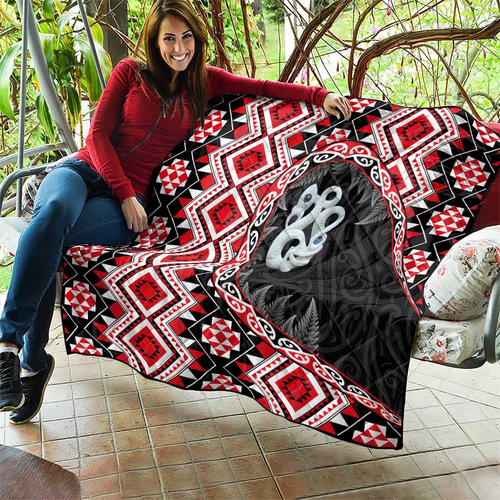 Red Taniko Motif Aotearoa Manaia and Silver Fern Quilt LT03 - Polynesian Pride