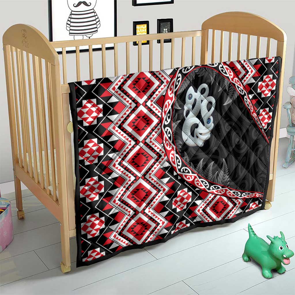 Red Taniko Motif Aotearoa Manaia and Silver Fern Quilt LT03 - Polynesian Pride
