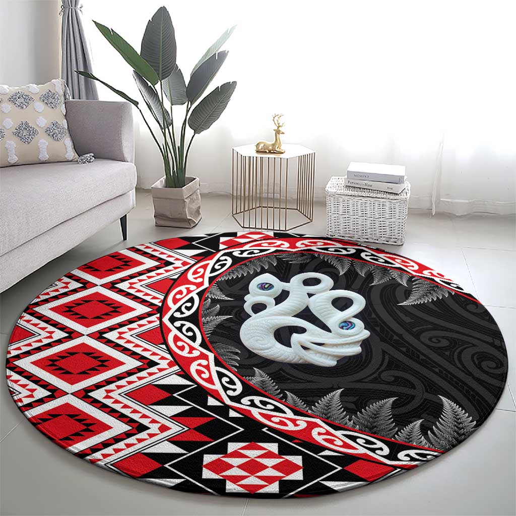 Red Taniko Motif Aotearoa Manaia and Silver Fern Round Carpet LT03 - Polynesian Pride