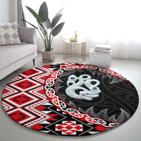 Red Taniko Motif Aotearoa Manaia and Silver Fern Round Carpet LT03 - Polynesian Pride